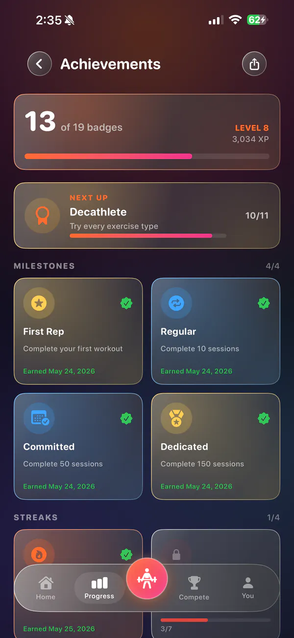 Achievements screen: 13 of 19 badges, level 8 XP bar and milestone badges like First Rep, Regular and Committed