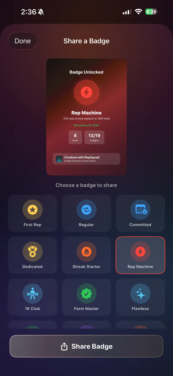 Share a Badge screen with the Rep Machine badge card and a grid of unlocked badges