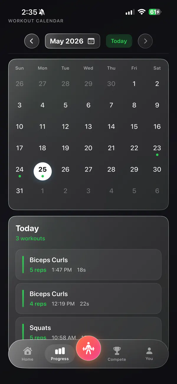 Workout calendar for May 2026 with today's three workouts listed with reps and time