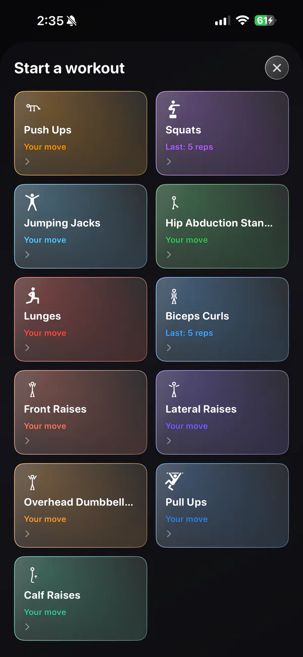 RepSquad Start a workout screen listing Push Ups, Squats, Jumping Jacks, Hip Abduction, Lunges, Biceps Curls, Front Raises, Lateral Raises, Overhead Dumbbell Press, Pull Ups and Calf Raises