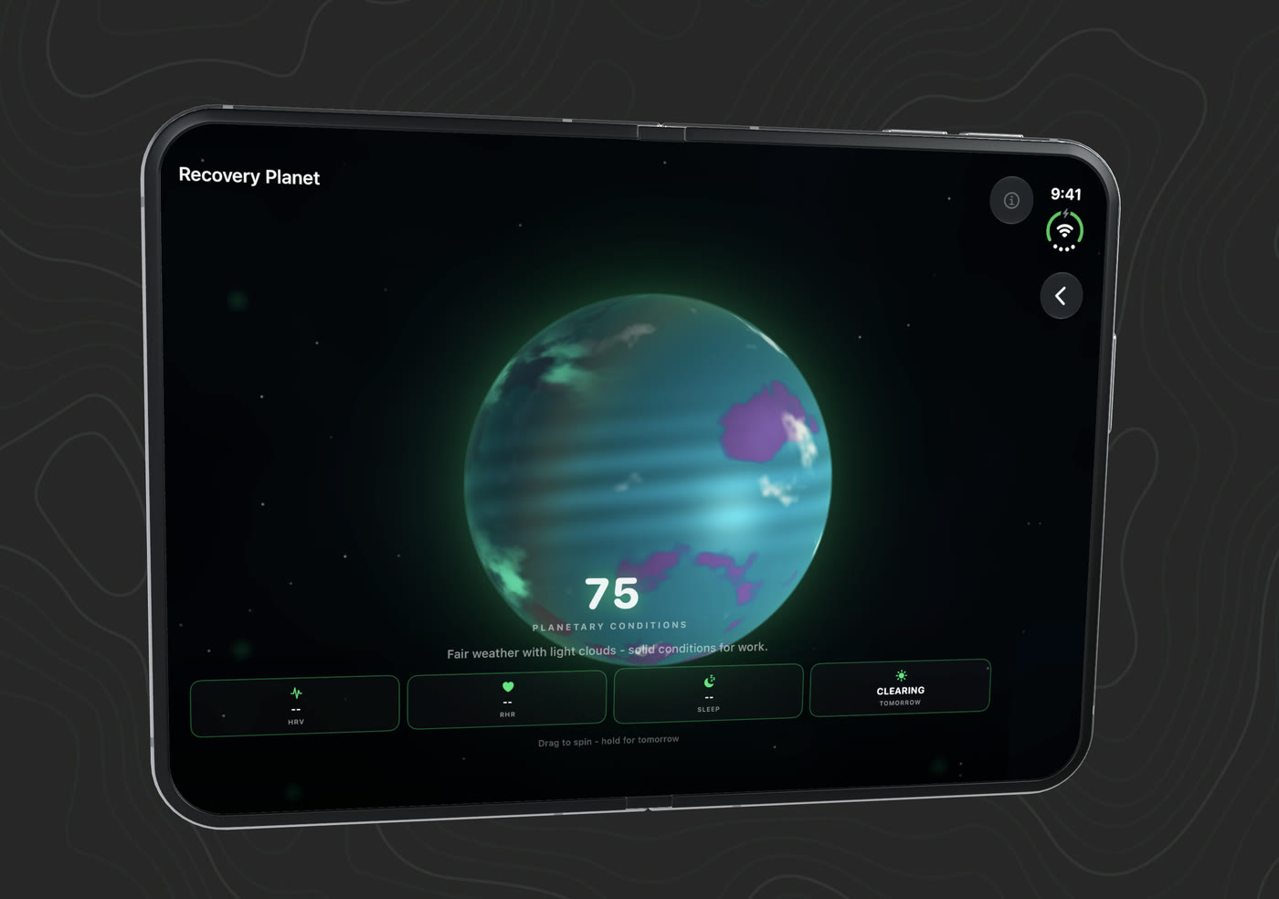 Recovery Planet auf dem Innendisplay des iPhone Duo: ein leuchtender Planet, dessen Wetter den heutigen Erholungs-Score widerspiegelt