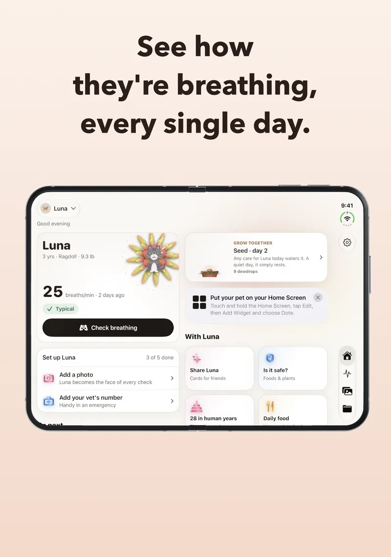 See how they're breathing, every single day. Dote Today screen on an iPhone Duo