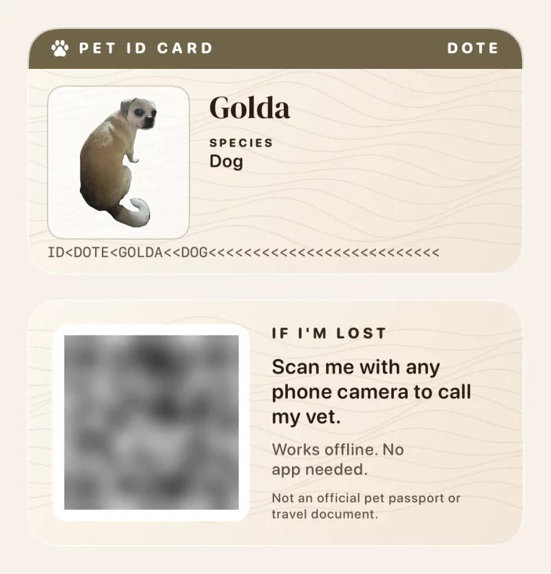 A Dote pet ID card for Golda: photo, species, and on the back an If I'm lost QR code that shows who to call