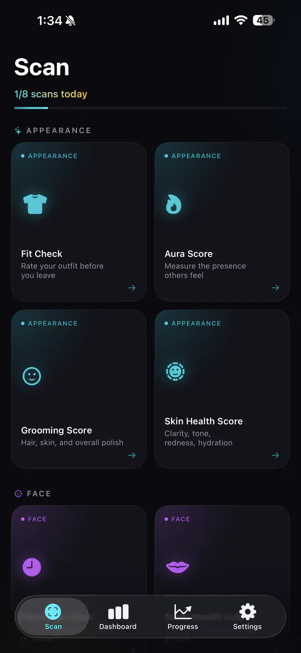 Scan-Tab mit den Karten Fit Check, Aura Score, Grooming Score und Skin Health Score