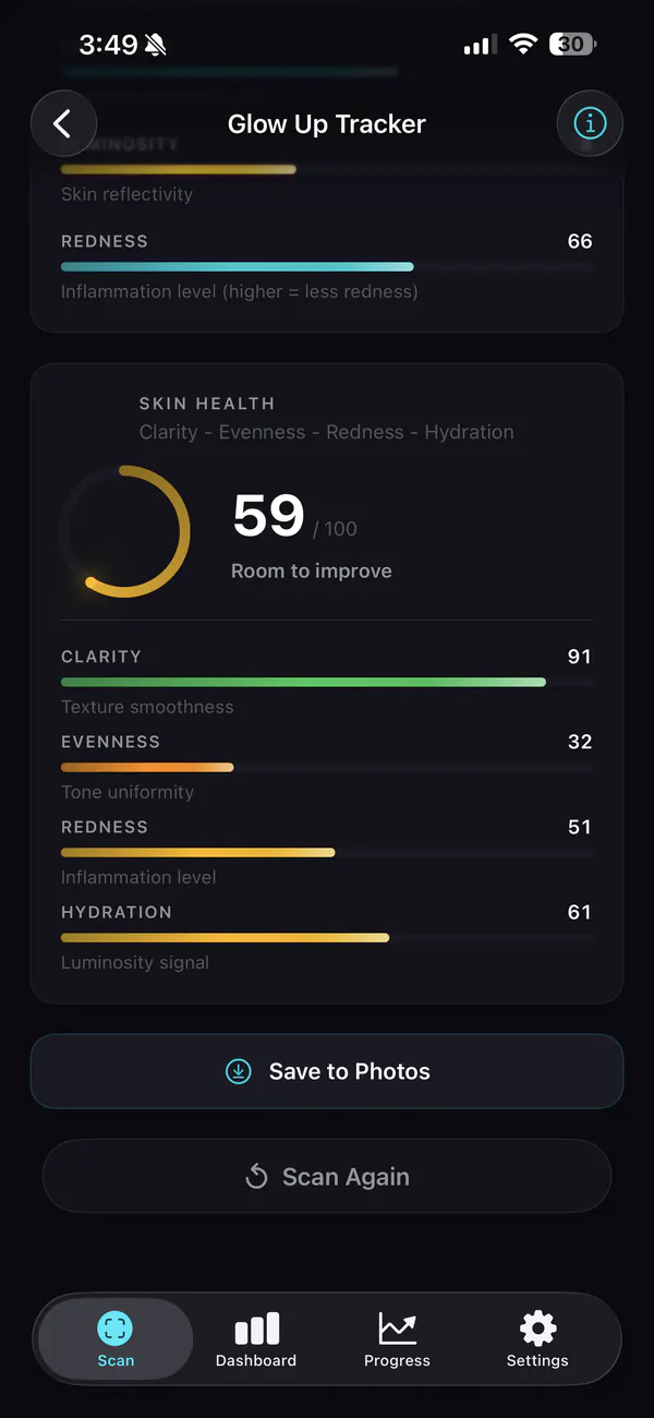 Skin-Health-Score 59 von 100 mit Balken für Klarheit, Ebenmäßigkeit, Rötungen und Feuchtigkeit